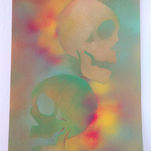 Hand Crafted Rainbow Colors Skull Painting Abstract Art 15x11 - Picture 1 of 14